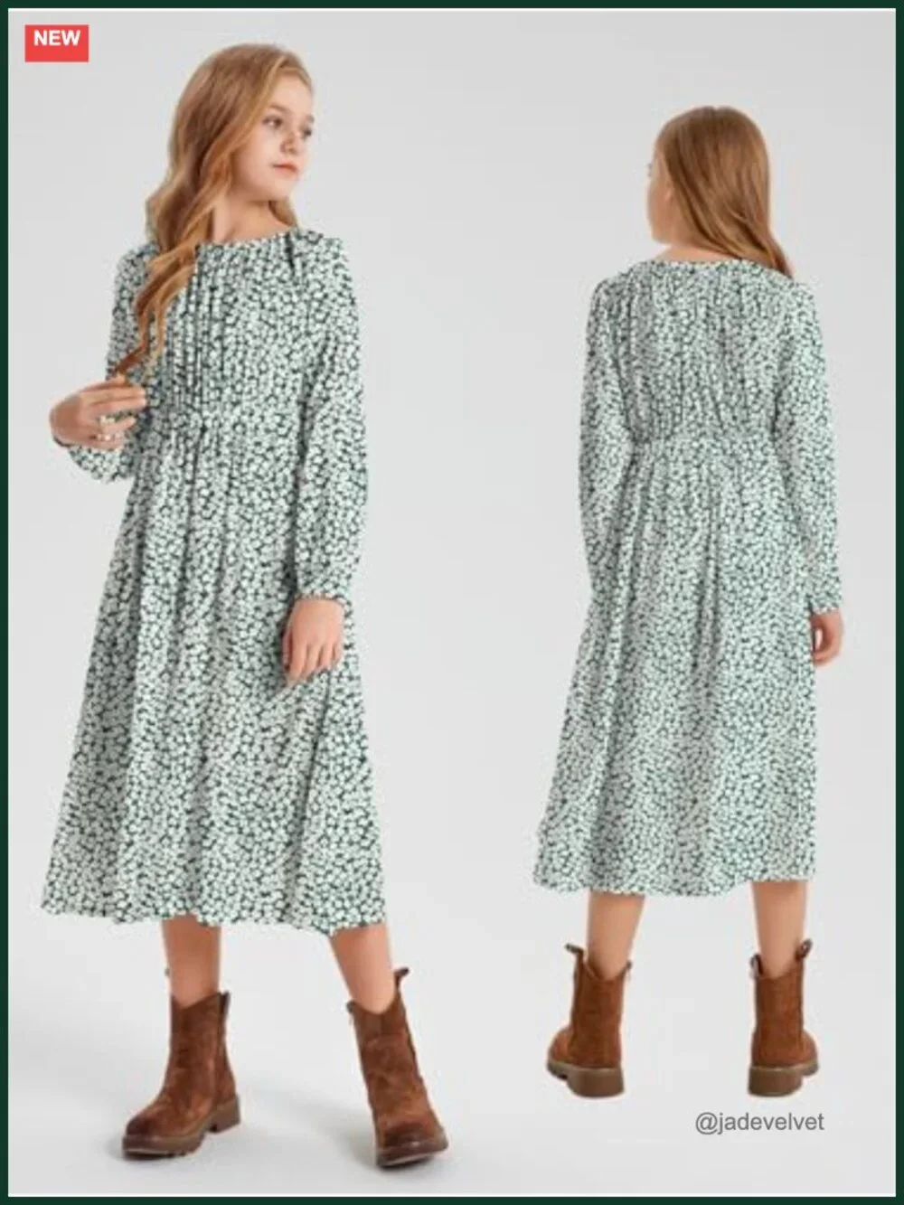 Girls Casual Floral A-Line Swing Midi Dress with Pocket